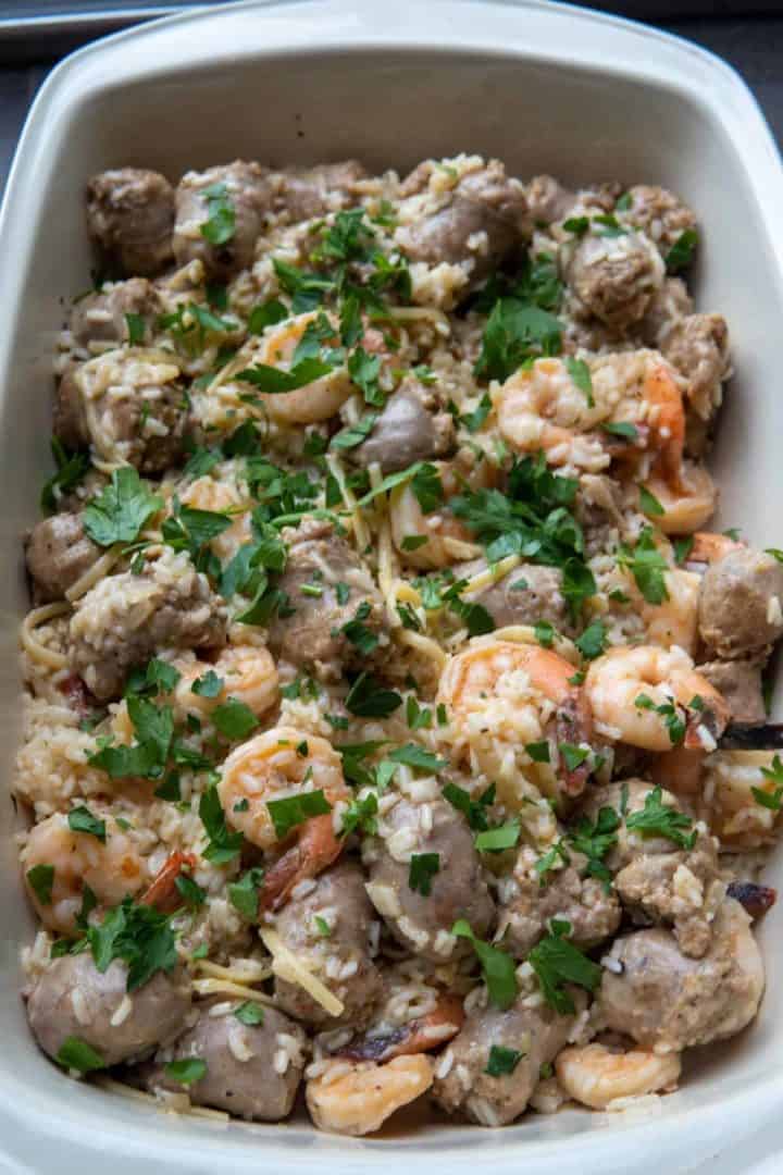 This Shrimp Sausage and Rice Recipe is made with shrimp, sausage, spaghetti, rice, cajun seasoning, and lemon.