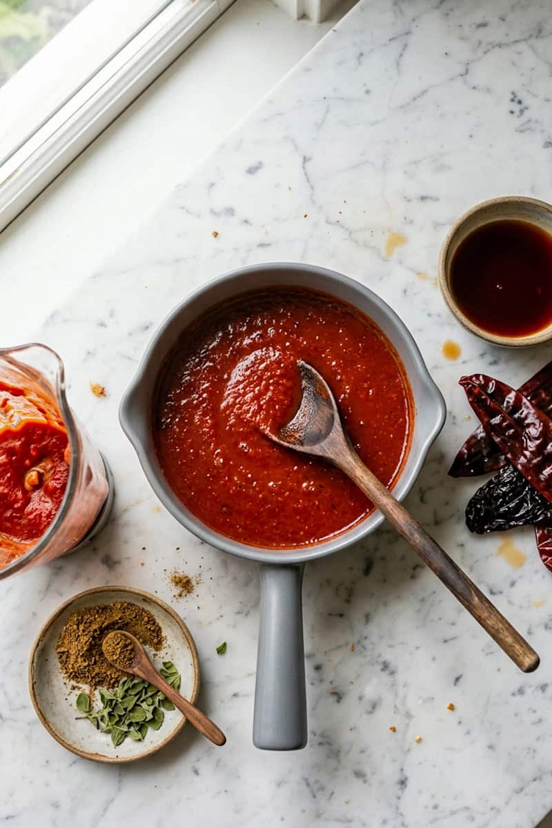 Cooking the red chile sauce