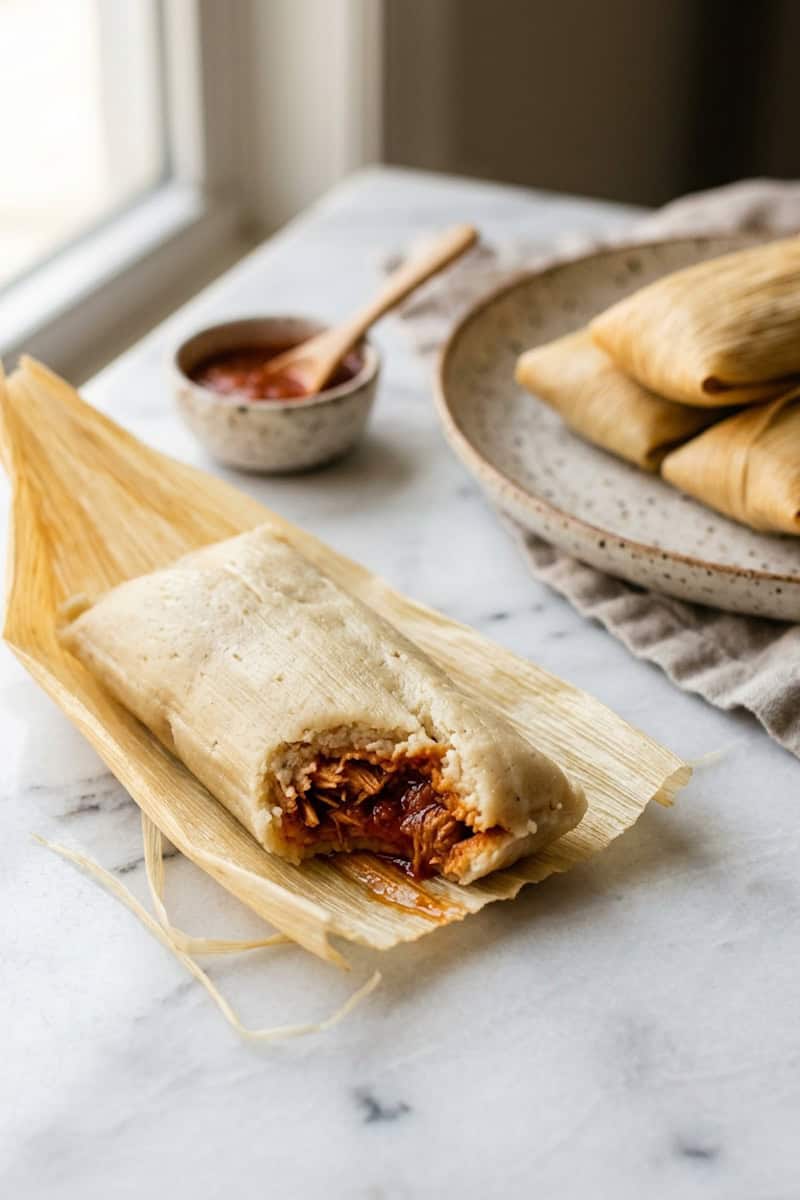 Red chicken tamales opened on a serving platter with salsa