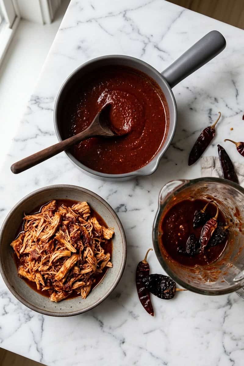 Mixing chicken and red chile sauce