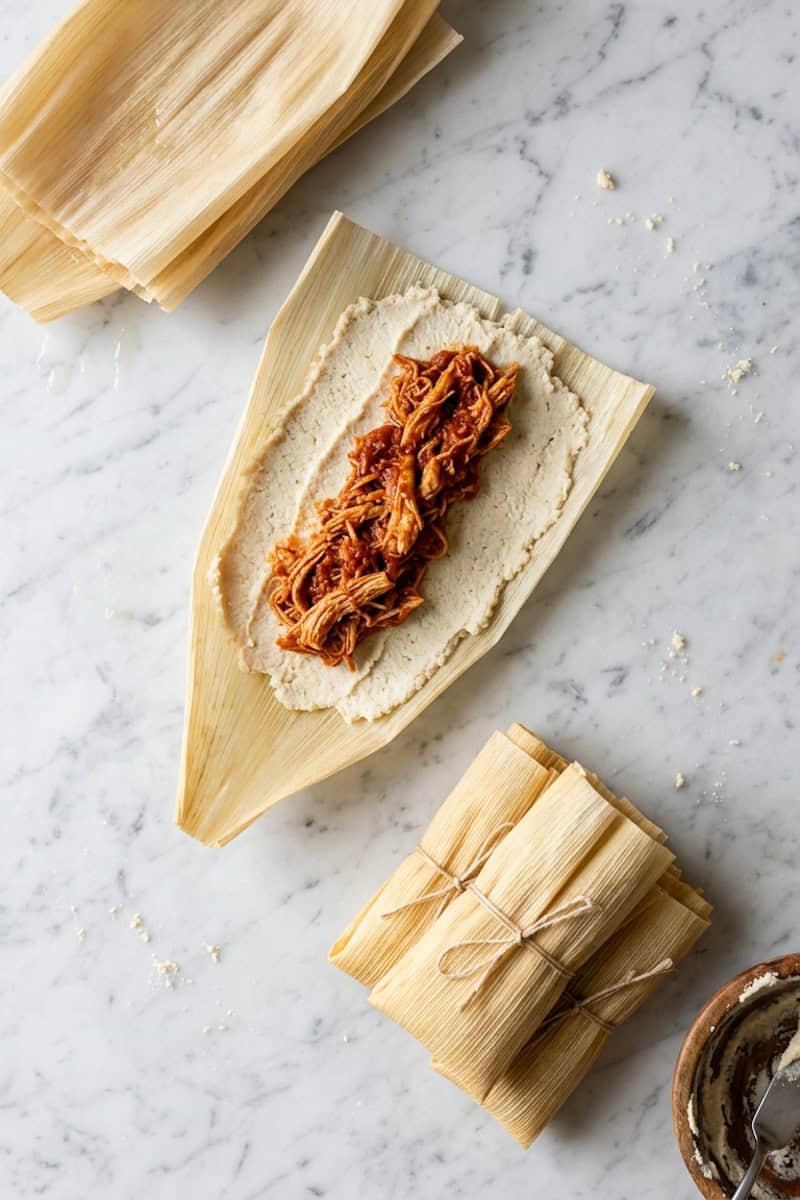 Chicken filling centered on masa before folding the corn husk