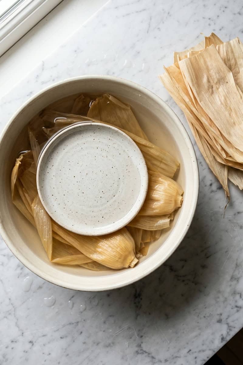 Corn husks soaking in a bowl