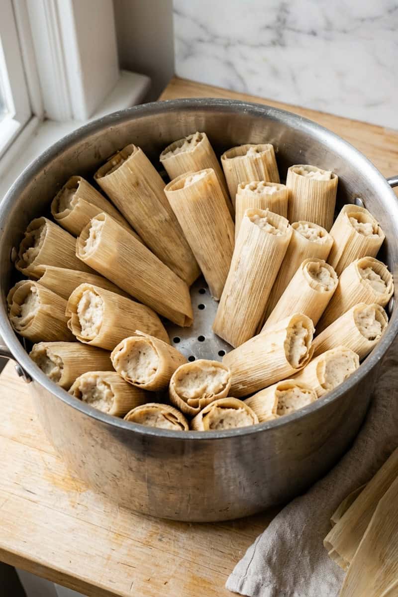 Assembled chicken tamales standing upright in a steamer