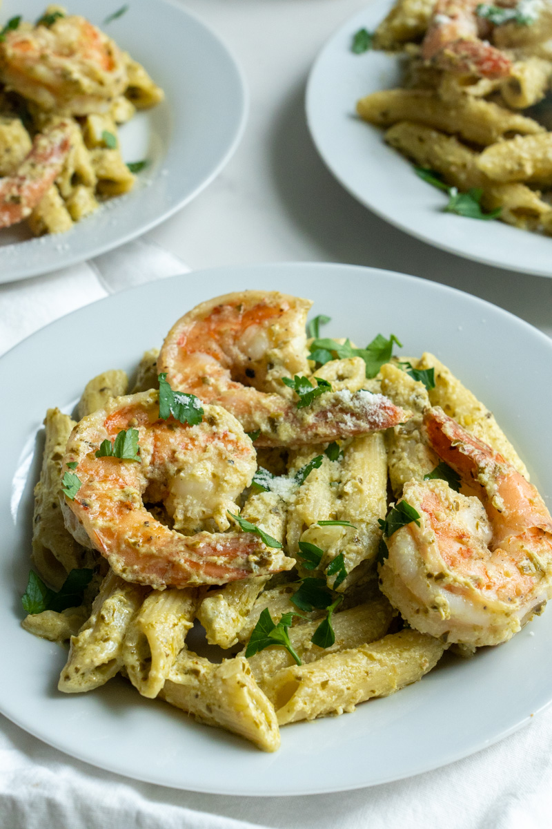 This Shrimp Goat Cheese Pasta is made with shrimp, penne, butter, garlic, lemon, pesto, goat cheese and cooked to perfection.