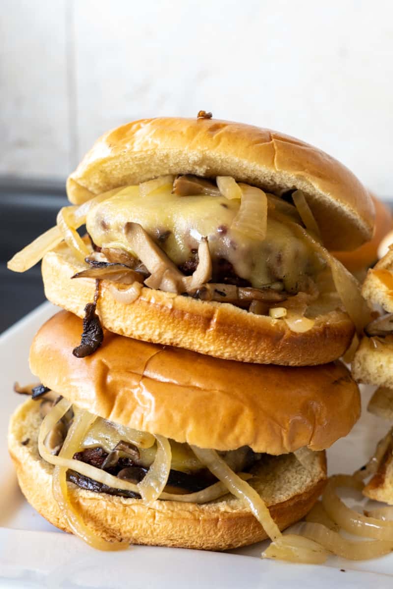 This Shiitake Mushroom Burger is made with ground beef, dried shiitake mushrooms, fresh shiitake mushrooms, Vidalia onions, and cheese.