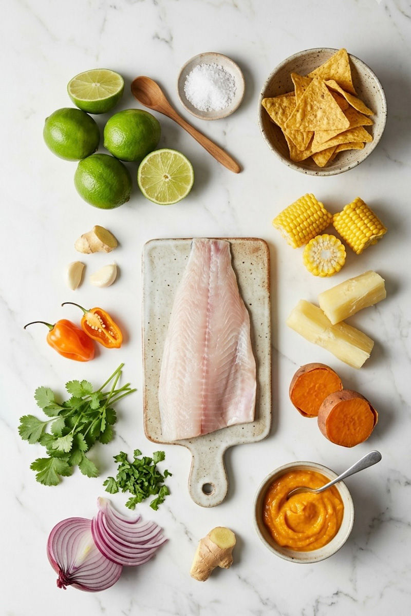 White fish, limes, red onion, cilantro and chiles for Peruvian ceviche