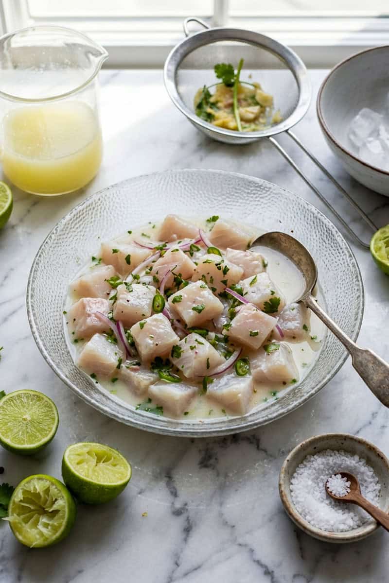 White fish marinating in leche de tigre
