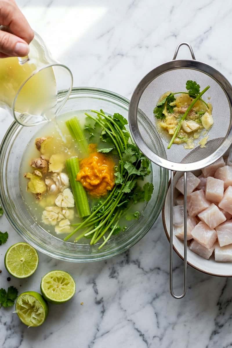 Leche de tigre with lime, ginger, garlic, celery and cilantro