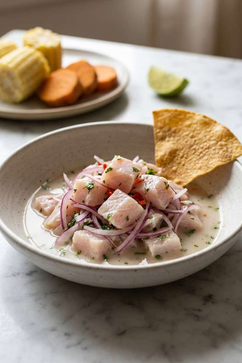 Peruvian ceviche with red onion, cilantro, corn and sweet potato