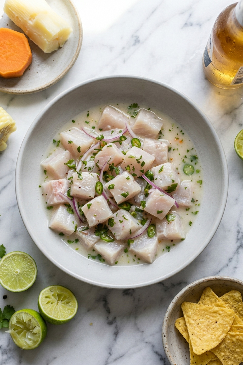Peruvian ceviche with red onion, cilantro, corn and sweet potato