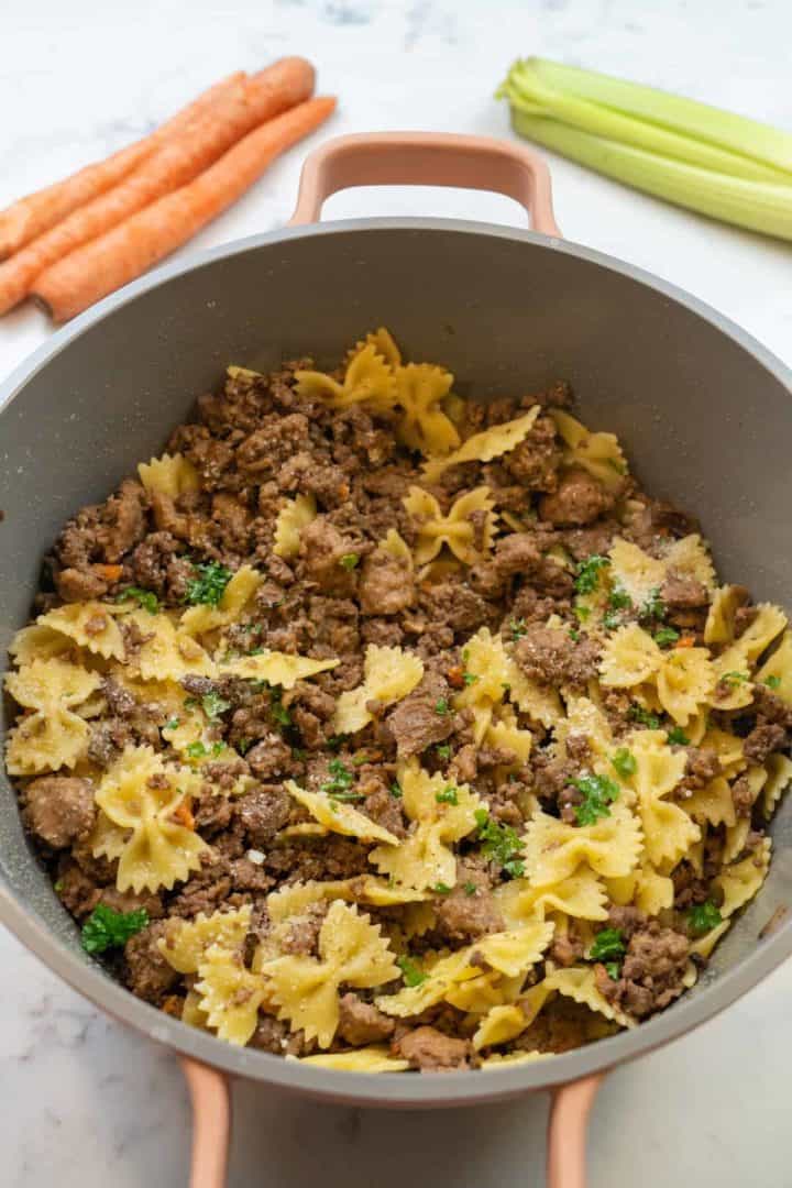 This White Bolognese Recipe is made with onion, carrots, celery, ground beef, sausage, white wine and porcini mushroom.