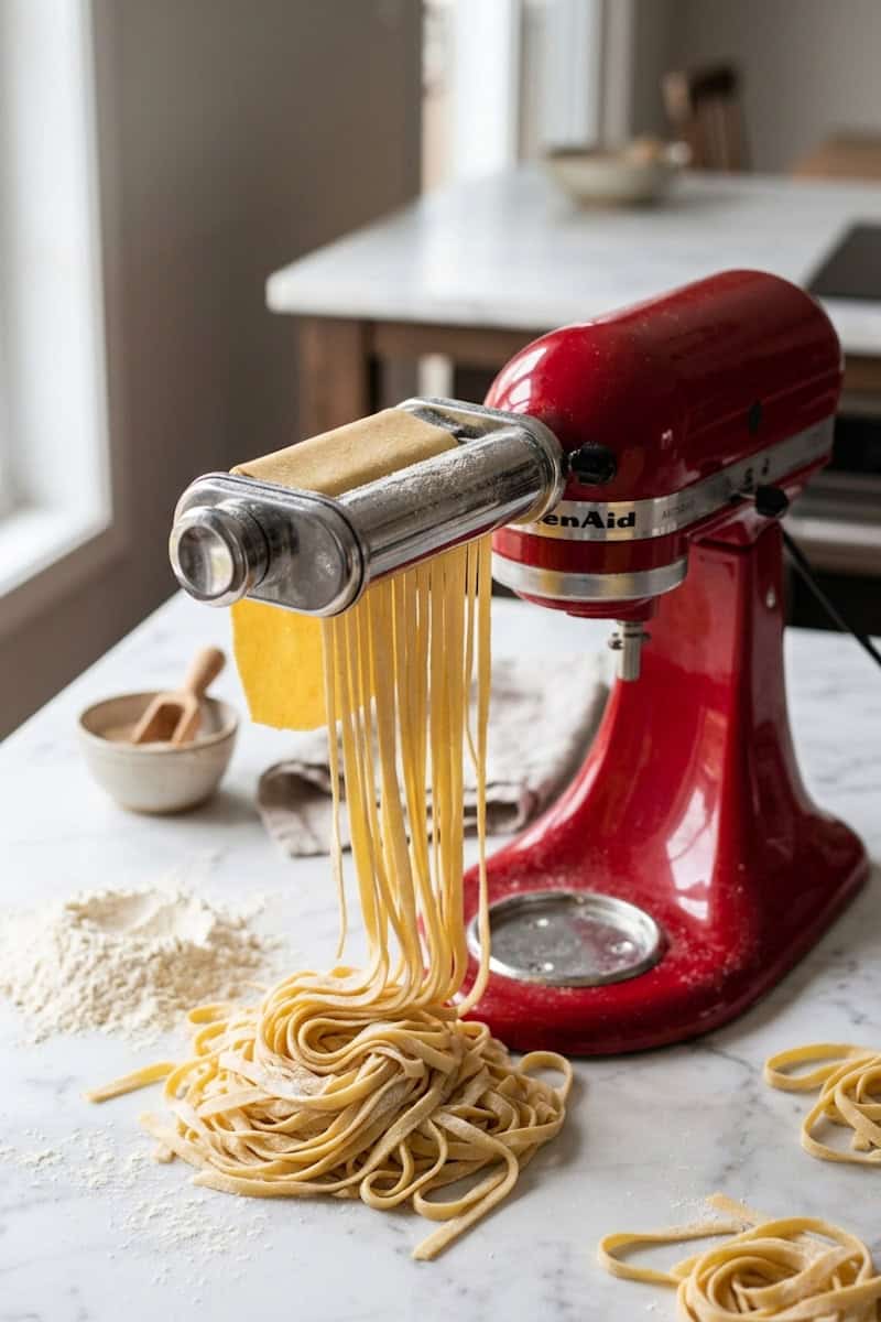 Fresh fettuccine coming through the KitchenAid cutter attachment