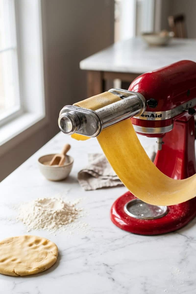 Fresh pasta sheet passing through a KitchenAid pasta roller