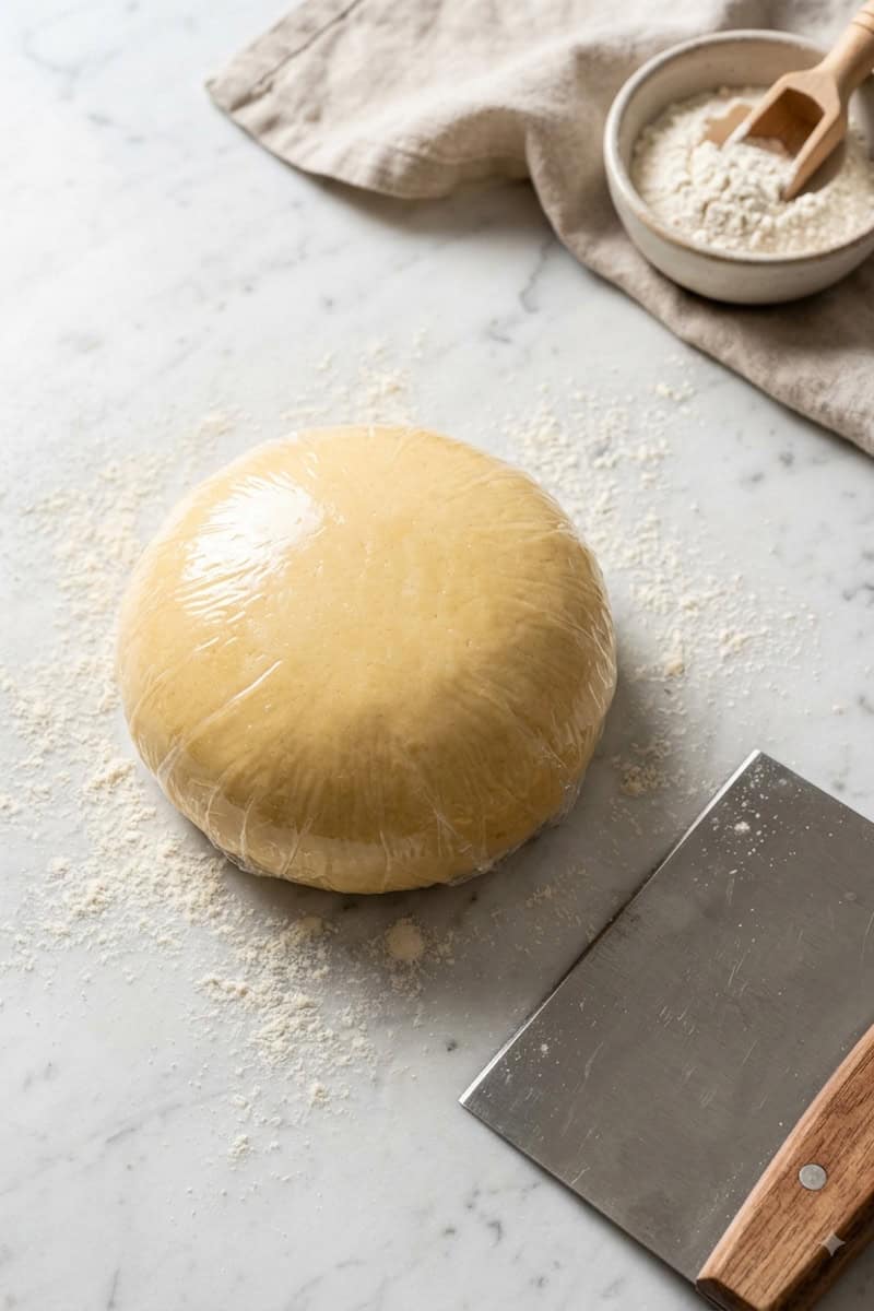Fresh pasta sheet passing through a KitchenAid pasta roller