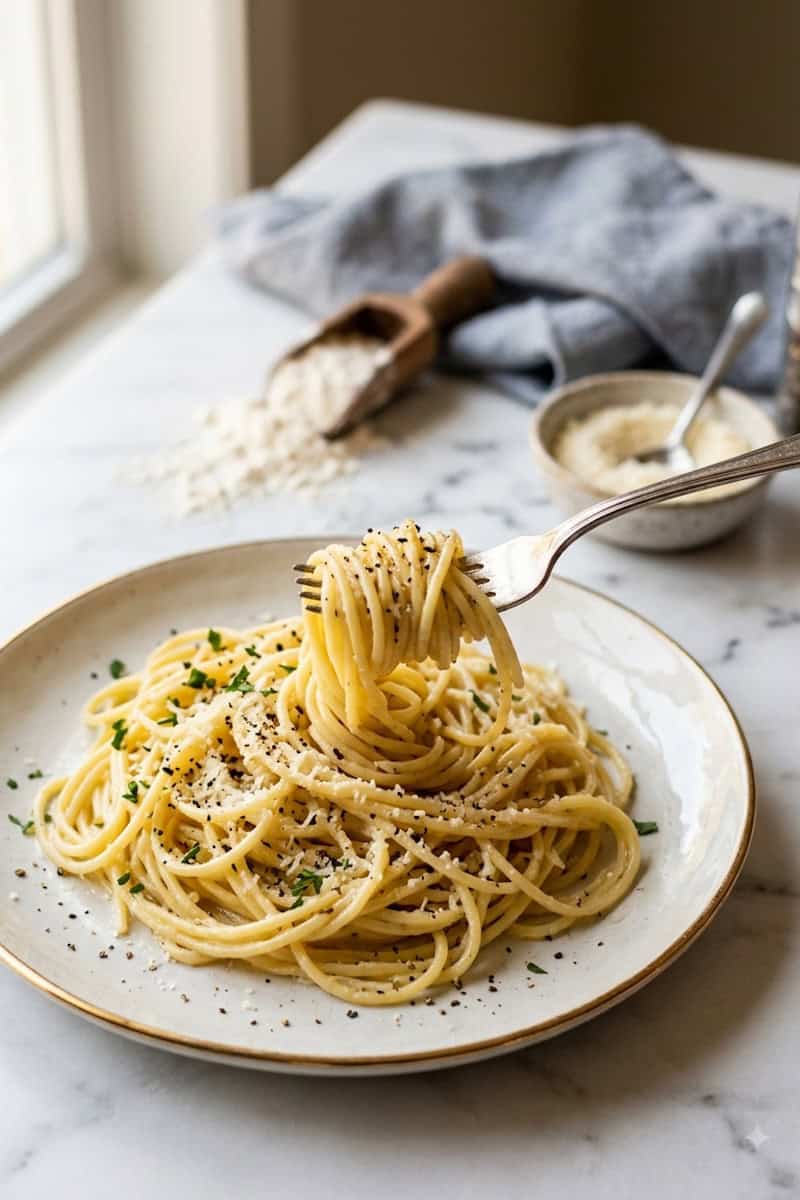 Cooked fresh pasta served with Parmesan and black pepper