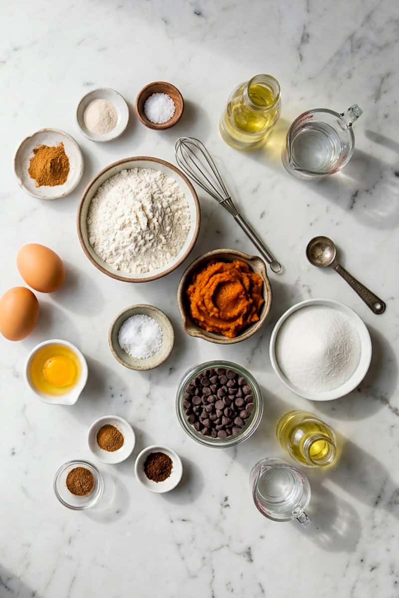 Flour, pumpkin puree, eggs, spices and chocolate chips for pumpkin muffins