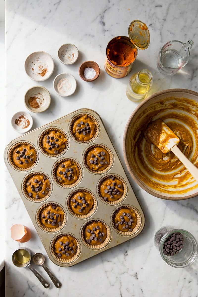 Pumpkin muffins with chocolate chips cooling in a lined muffin pan