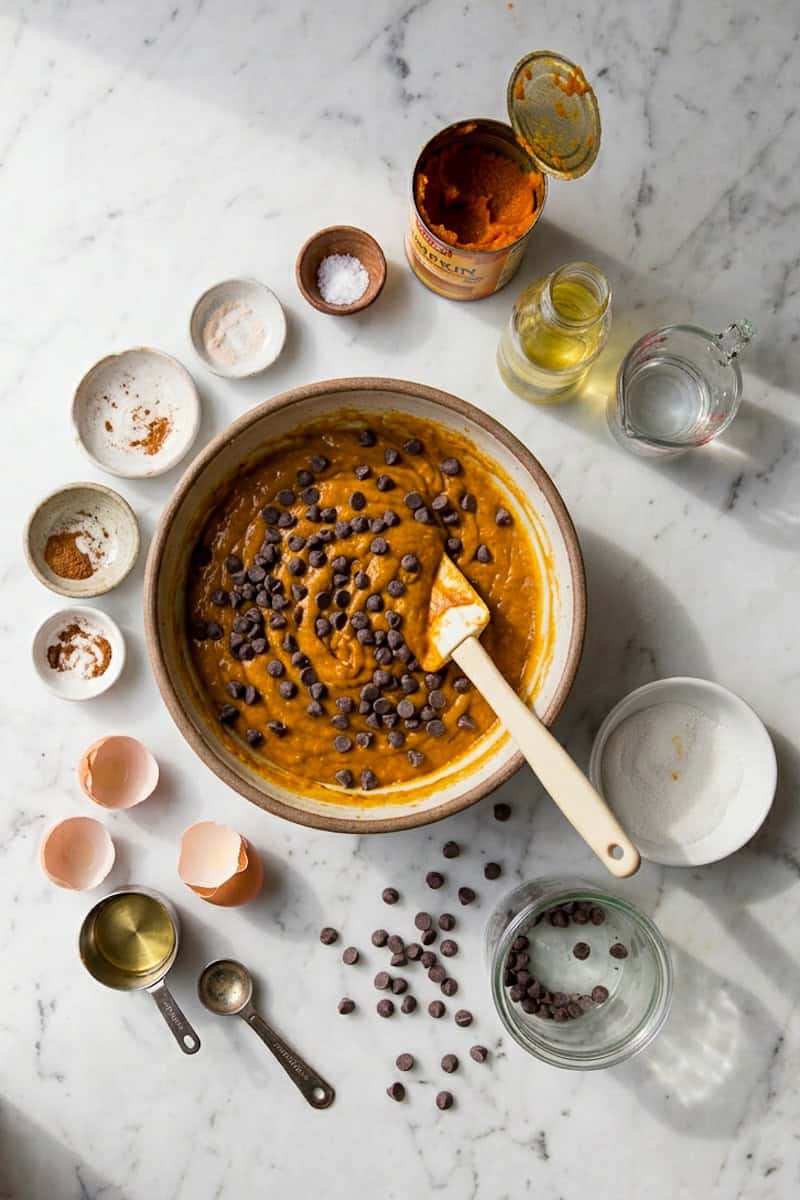 Thick pumpkin muffin batter folded with semisweet chocolate chips