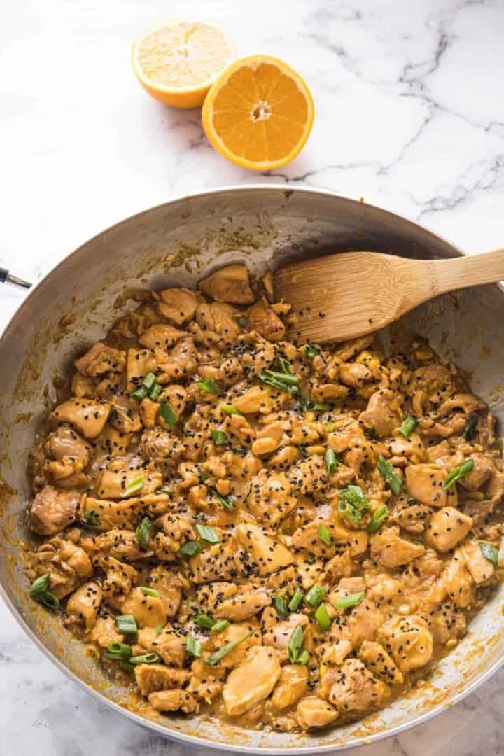 This Orange Chicken Recipe is made with boneless chicken thighs, oranges, rice vinegar, soy sauce, ginger, and garlic.