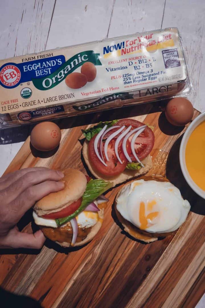 This Egg Burger Recipe is made with ground beef, Worcestershire sauce, eggs, garlic powder, onion powder, and homemade hollandaise sauce.