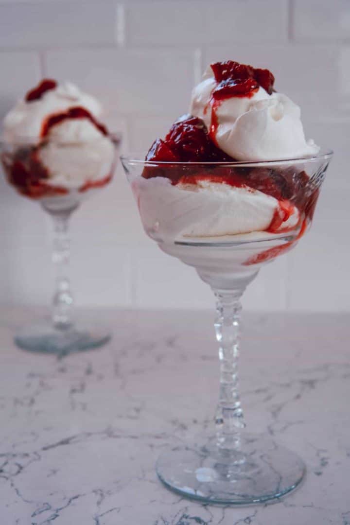 This Strawberry Sundae is made with fresh strawberries, sugar, lemon juice, ice cream, cool whip and best enjoyed on a hot summer day.