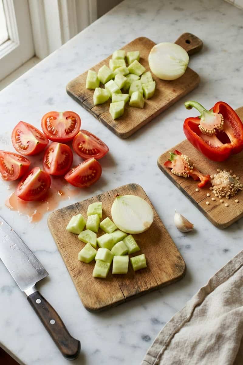Fresh tomatoes, cucumber, bell pepper, onion and garlic for gazpacho