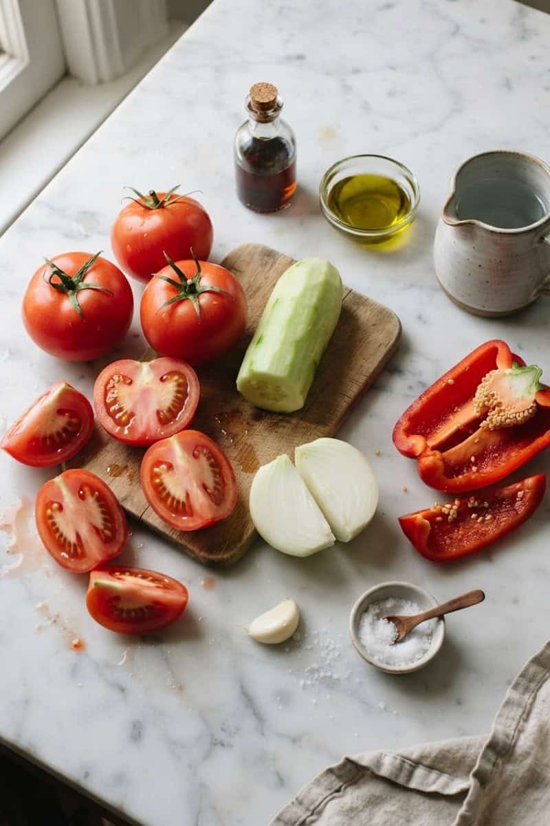 Fresh tomatoes, cucumber, bell pepper, onion and garlic for gazpacho