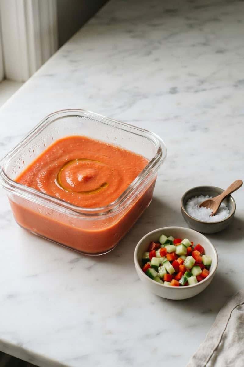 Spanish cold tomato soup served with chopped vegetables and olive oil