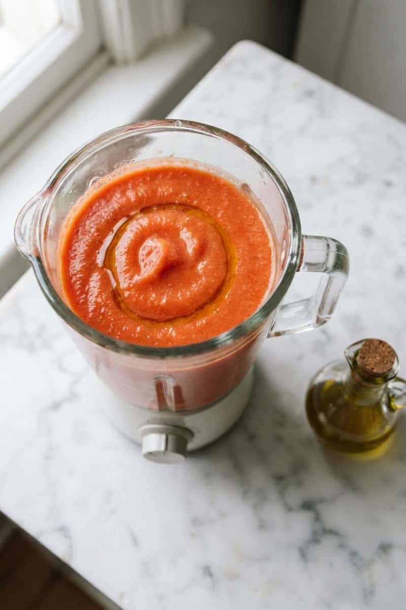 Fresh tomato gazpacho being blended until smooth