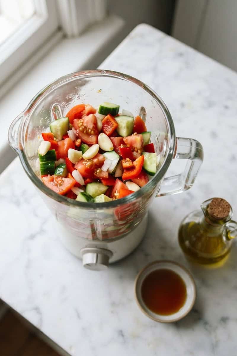 Fresh tomatoes, cucumber, bell pepper, onion and garlic in a blender.