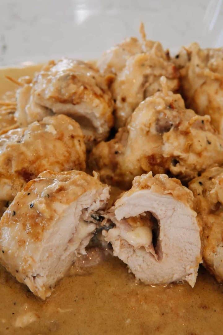 This Cheese and Prosciutto Stuffed Chicken Breasts Recipe are made with chicken, prosciutto, fontina, flour, milk sage and cooked on the pan.