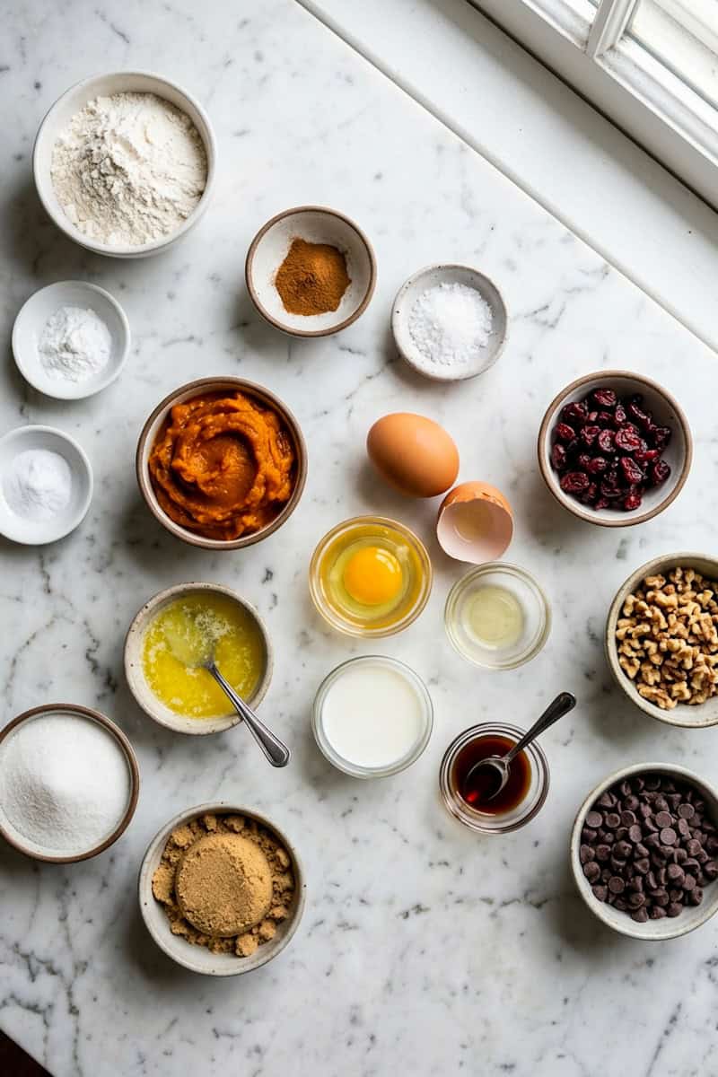 Pumpkin bread ingredients with dried cranberries, walnuts and chocolate chips