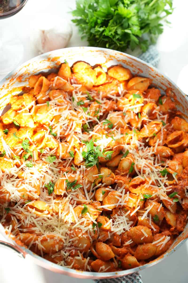This Vodka Sauce Pasta Recipe is made with whole San Marzano tomatoes, sun-dried tomatoes, heavy cream, butter, garlic, and vodka.