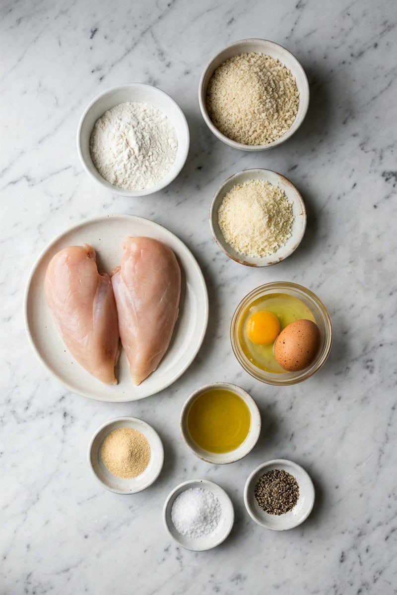 Chicken breasts ingredients to make chicken fries.