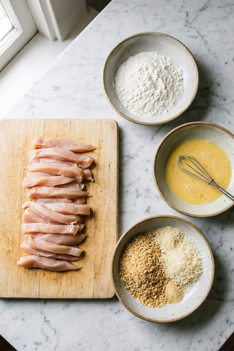 Chicken breasts cut into thin fry-shaped strips