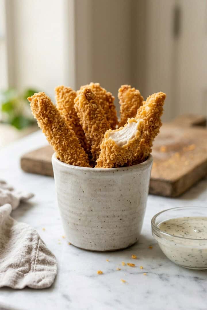 Crispy Parmesan chicken fries served with dipping sauce