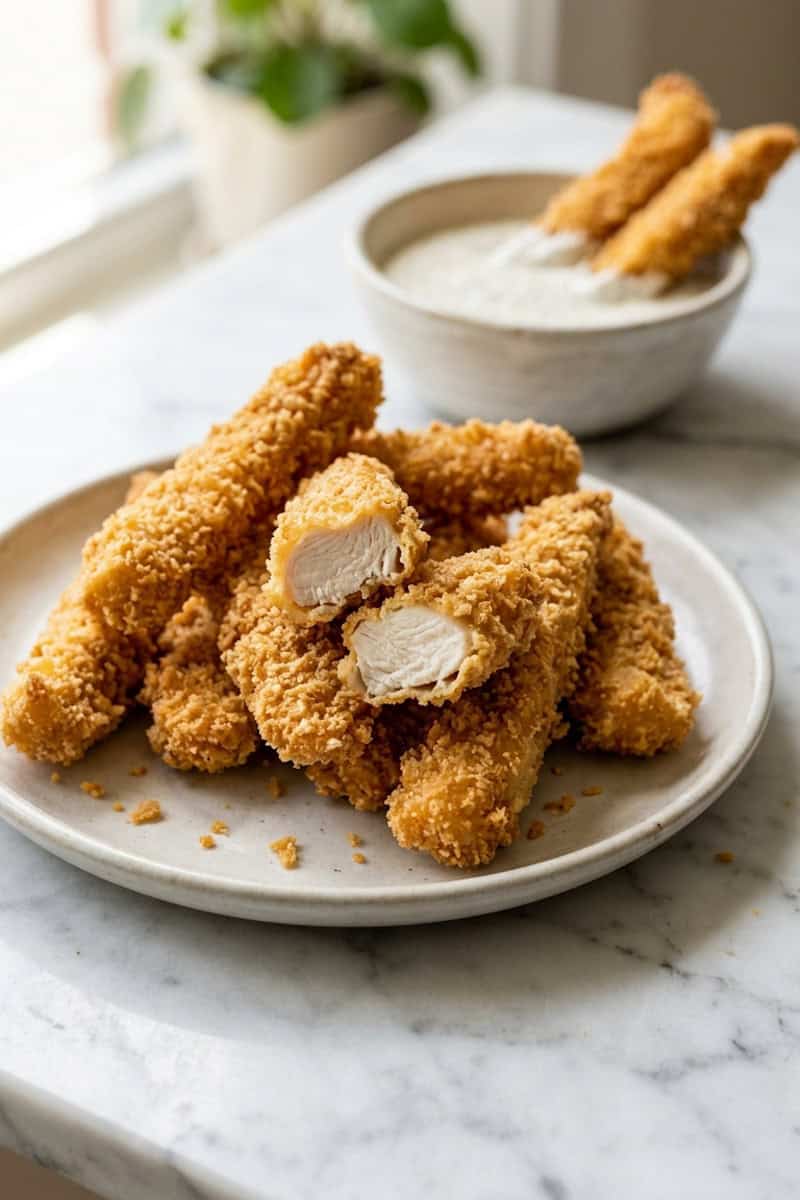 Homemade chicken fries with ranch, barbecue sauce and aoli