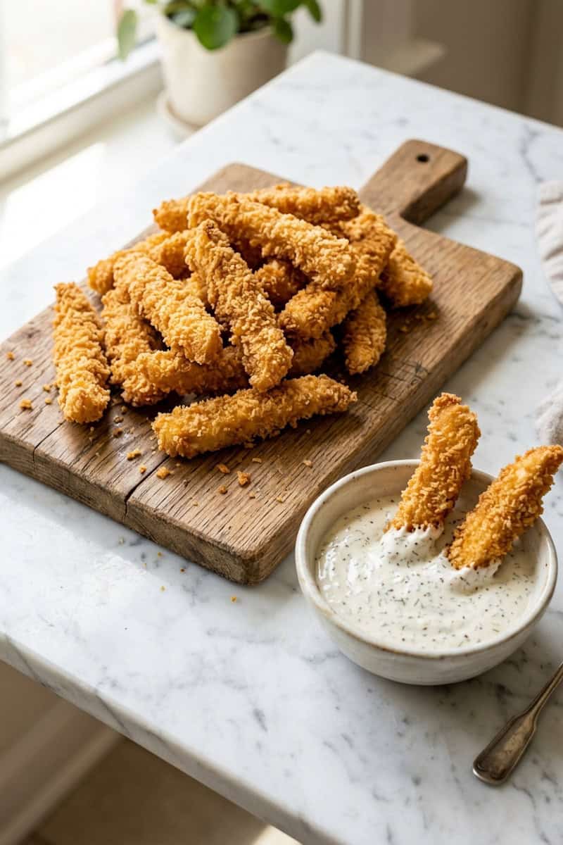 Homemade chicken fries with ranch, barbecue sauce and honey mustard