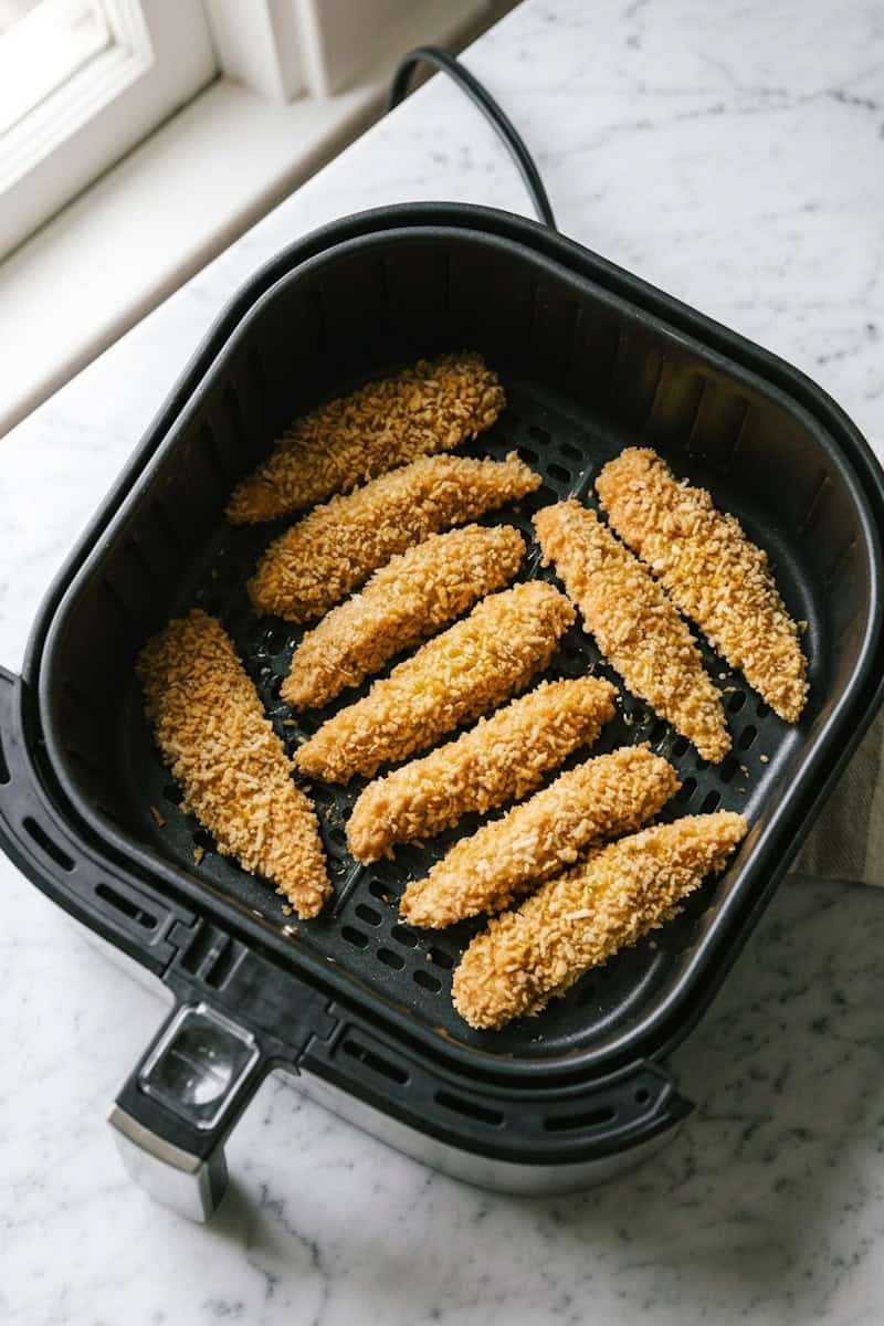 Breaded chicken fries arranged in a single layer in an air fryer