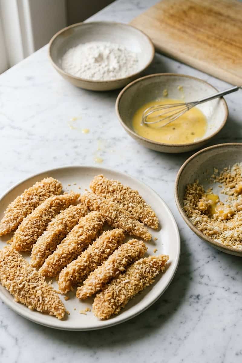 Chicken strips being coated in Parmesan panko breadcrumbs
