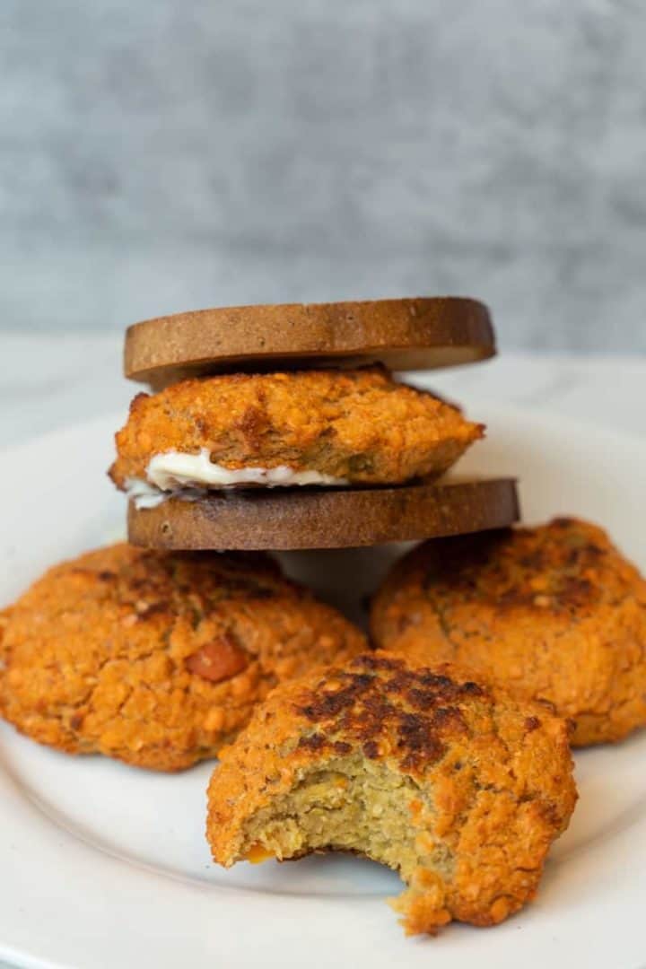 This Lentil Patties Recipe are made with red lentils, garlic, red onion, carrots, panko crumbs, tomato paste and baked or pan fried.
