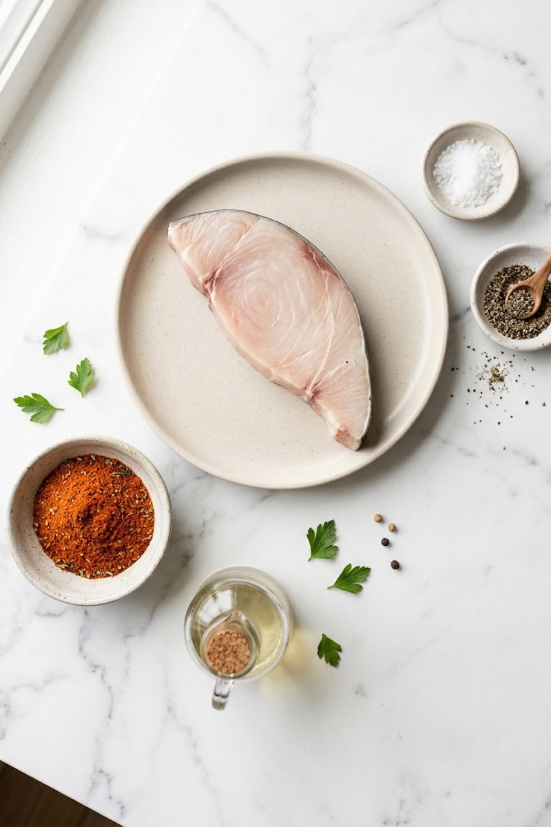 Raw swordfish steaks coated with Cajun seasoning on a foil-lined pan