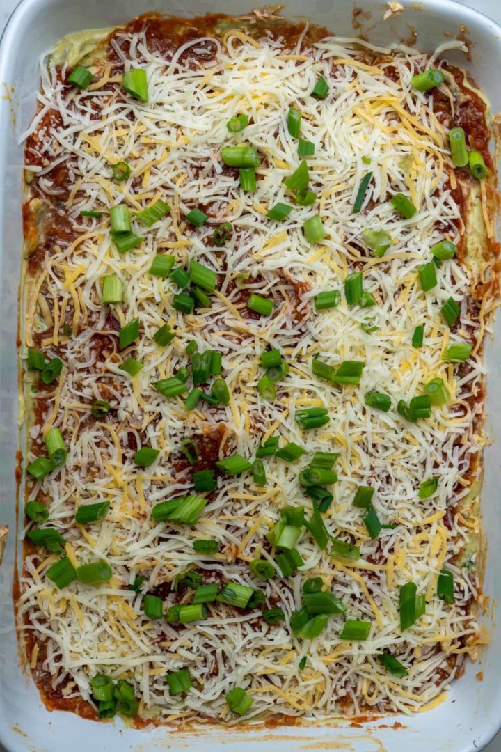 This 7 Layer Dip Recipe is made with salsa, refried beans, cream cheese, sour cream, taco seasoning, guacamole, shredded cheese and green onion.