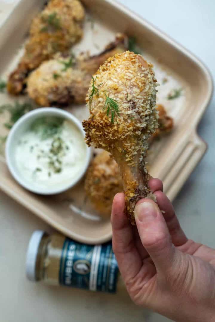 This Panko Chicken Recipe with Horseradish is made with drumsticks, eggs, horseradish, Worcestershire, panko, and baked to perfection.