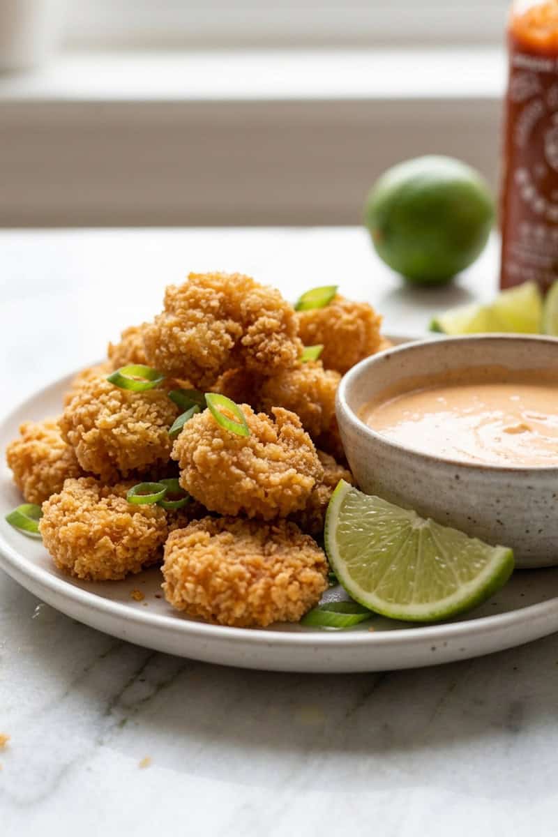 Fried rock shrimp appetizer garnished with sliced scallions