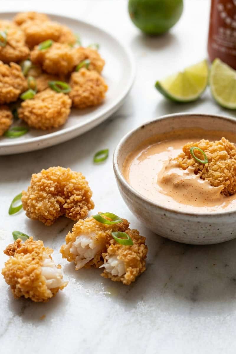 Close-up of panko-coated fried rock shrimp
