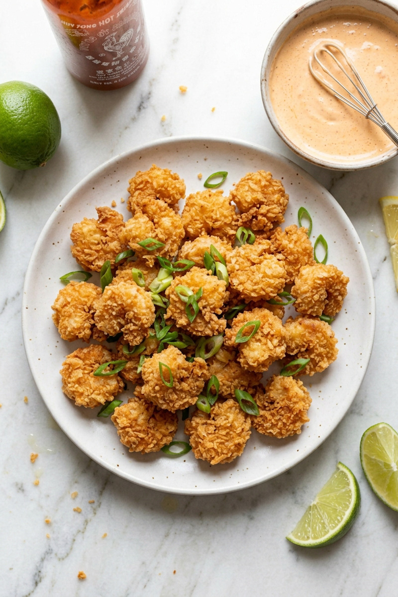 Crispy rock shrimp tempura with spicy mayo and lime wedges