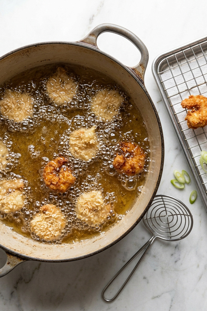 Small batches of breaded rock shrimp frying in hot oil
