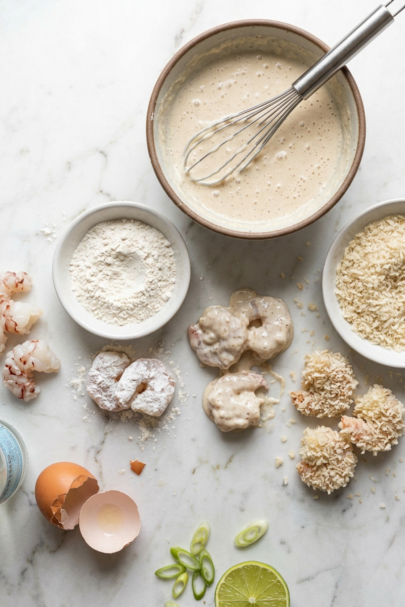 Battered rock shrimp coated with panko breadcrumbs