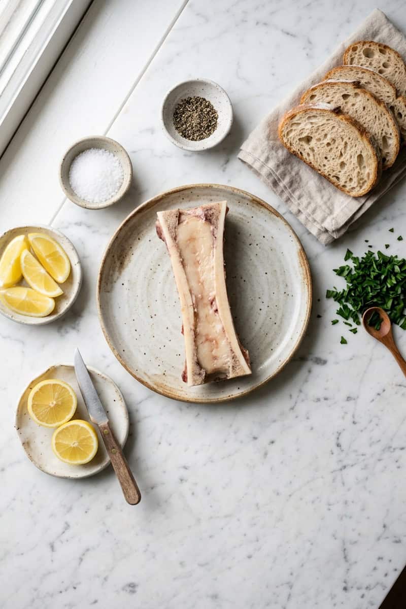 Raw marrow bones, parsley, lemon, salt, and pepper